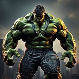 A massive green Hulk in a dramatic pose, showcasing his iconic ripped shirt and pants