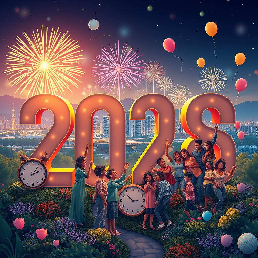 An artistic rendering of an open year, symbolizing the transition from one year to the next, featuring a vibrant landscape that embodies hope and new beginnings