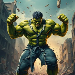 A muscular green man resembling the Hulk, in the midst of an intense transformation, with his shirt and pants ripping apart dramatically