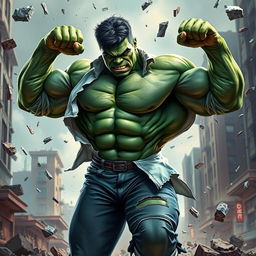 A muscular green man resembling the Hulk, in the midst of an intense transformation, with his shirt and pants ripping apart dramatically