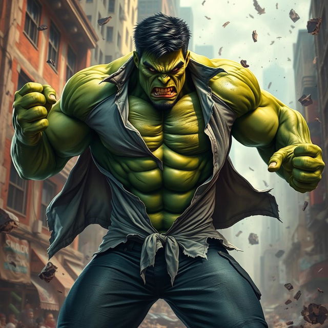 A muscular green man resembling the Hulk, in the midst of an intense transformation, with his shirt and pants ripping apart dramatically