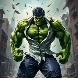 A muscular green man resembling the Hulk, in the midst of an intense transformation, with his shirt and pants ripping apart dramatically