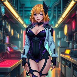 A sexy and cute gothic anime-inspired cyberpunk scene featuring a curvy milf character as a ripper doc