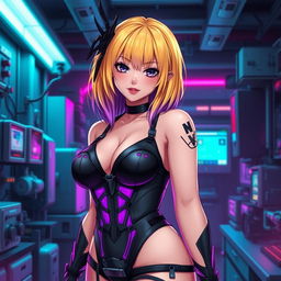 A sexy and cute gothic anime-inspired cyberpunk scene featuring a curvy milf character as a ripper doc