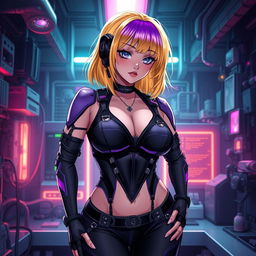 A sexy and cute gothic anime-inspired cyberpunk scene featuring a curvy milf character as a ripper doc