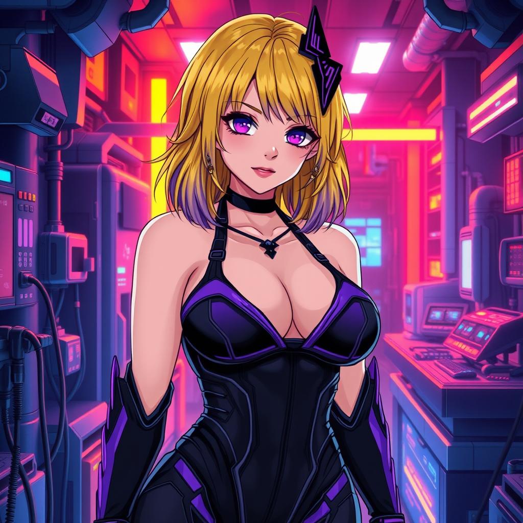 A sexy and cute gothic anime-inspired cyberpunk scene featuring a curvy milf character as a ripper doc