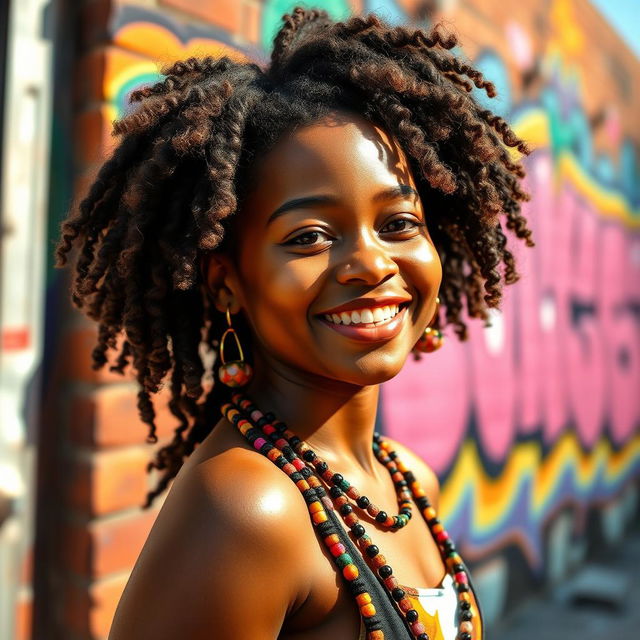 A beautiful, confident Black girl, smiling and standing in a vibrant urban setting