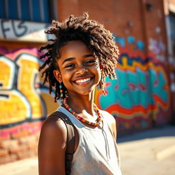 A beautiful, confident Black girl, smiling and standing in a vibrant urban setting