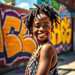 A beautiful, confident Black girl, smiling and standing in a vibrant urban setting