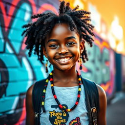 A beautiful, confident Black girl, smiling and standing in a vibrant urban setting