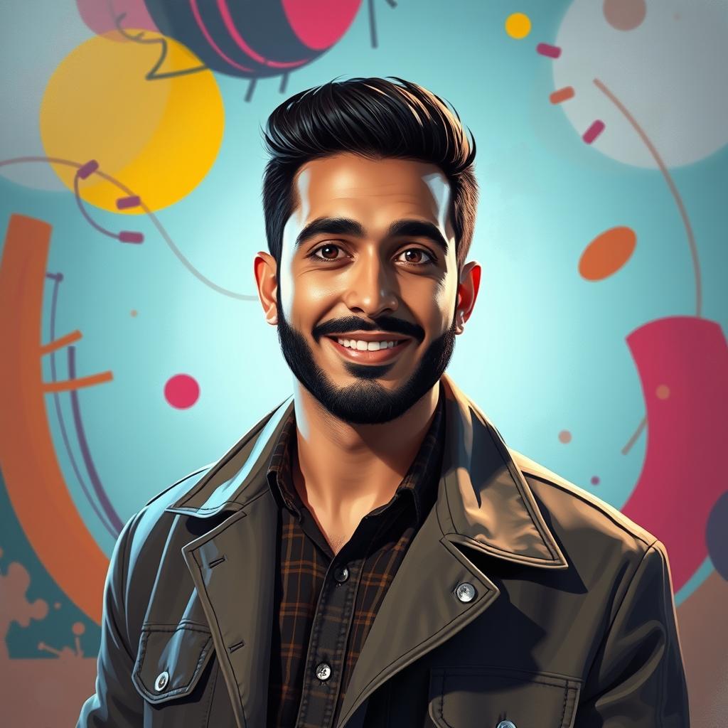 A stylized portrait of Alaa Al Qaddah, focusing on his expressive face and captivating personality