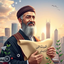 A powerful and inspiring portrait of Amir Kabir, the visionary prime minister, set against a backdrop of a thriving, modern city