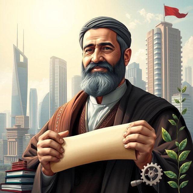 A powerful and inspiring portrait of Amir Kabir, the visionary prime minister, set against a backdrop of a thriving, modern city
