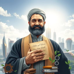 A powerful and inspiring portrait of Amir Kabir, the visionary prime minister, set against a backdrop of a thriving, modern city