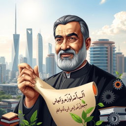 A powerful and inspiring portrait of Amir Kabir, the visionary prime minister, set against a backdrop of a thriving, modern city