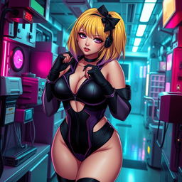 A sexy and cute gothic anime-inspired cyberpunk scene featuring a curvy milf character as a ripper doc, pinning you down with a playful yet assertive demeanor