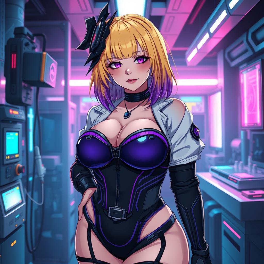 A sexy and cute gothic anime-inspired cyberpunk scene featuring a curvy milf character as a ripper doc, pinning you down with a playful yet assertive demeanor