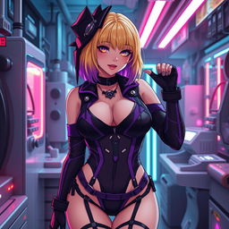 A sexy and cute gothic anime-inspired cyberpunk scene featuring a curvy milf character as a ripper doc, pinning you down with a playful yet assertive demeanor