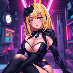 A sexy and cute gothic anime-inspired cyberpunk ripper doc character, pinning you down playfully in a gothic futuristic lab