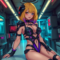 A sexy and cute gothic anime-inspired cyberpunk ripper doc character, pinning you down playfully in a gothic futuristic lab