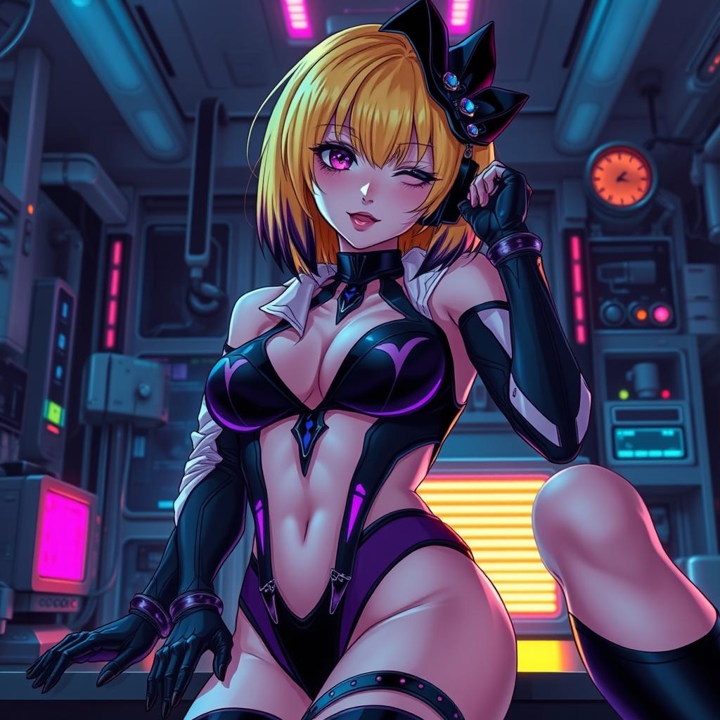 A sexy and cute gothic anime-inspired cyberpunk ripper doc character, pinning you down playfully in a gothic futuristic lab