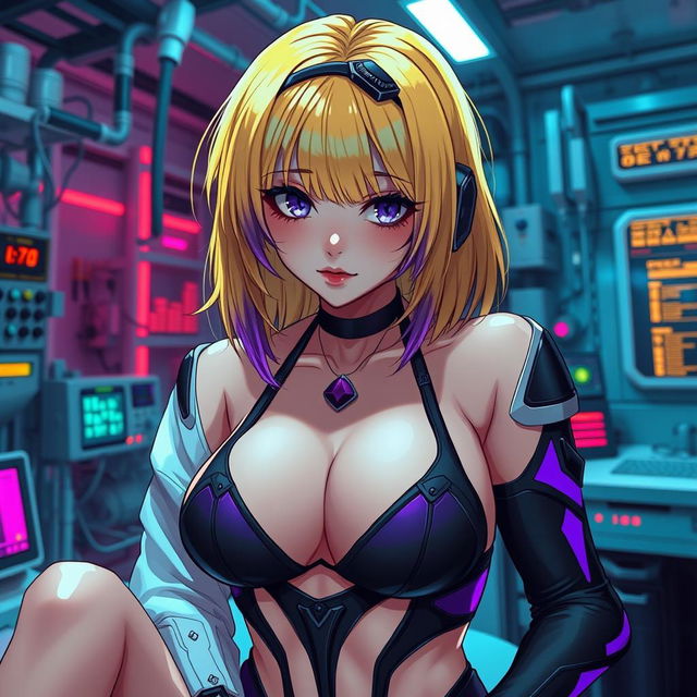 A sexy and cute gothic anime-inspired cyberpunk ripper doc character, pinning you down playfully in a gothic futuristic lab