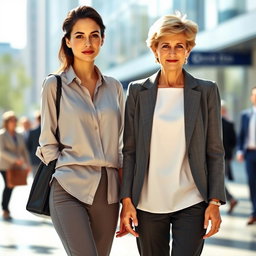 A tall, attractive woman with dark brown hair styled into an up and down fashion, wearing a professional shirt and sleek black pants, standing confidently next to a middle-aged woman resembling Princess Diana