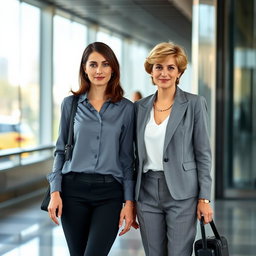 A tall, attractive woman with dark brown hair styled into an up and down fashion, wearing a professional shirt and sleek black pants, standing confidently next to a middle-aged woman resembling Princess Diana