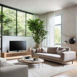 An elegantly arranged modern living room filled with natural light, showcasing comfortable furniture, houseplants, and a sleek flat-screen television on a contemporary stand.