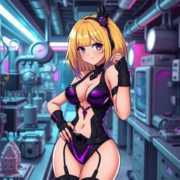 A sexy and cute gothic anime-inspired cyberpunk ripper doc character, posing adorably in a gothic futuristic lab