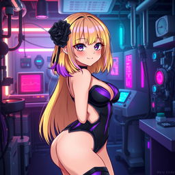 A sexy and cute gothic anime-inspired cyberpunk ripper doc character, posing adorably in a gothic futuristic lab
