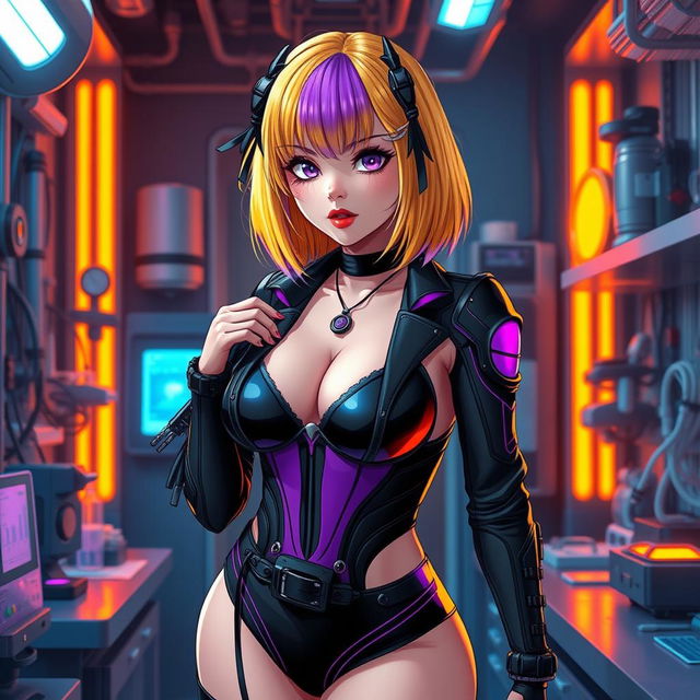 A sexy and cute gothic anime-inspired cyberpunk ripper doc character, posing adorably in a gothic futuristic lab