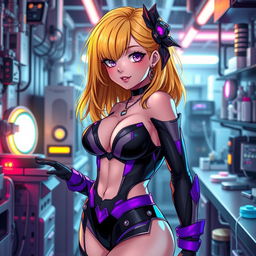A sexy and cute gothic anime-inspired cyberpunk ripper doc character, posing adorably in a gothic futuristic lab