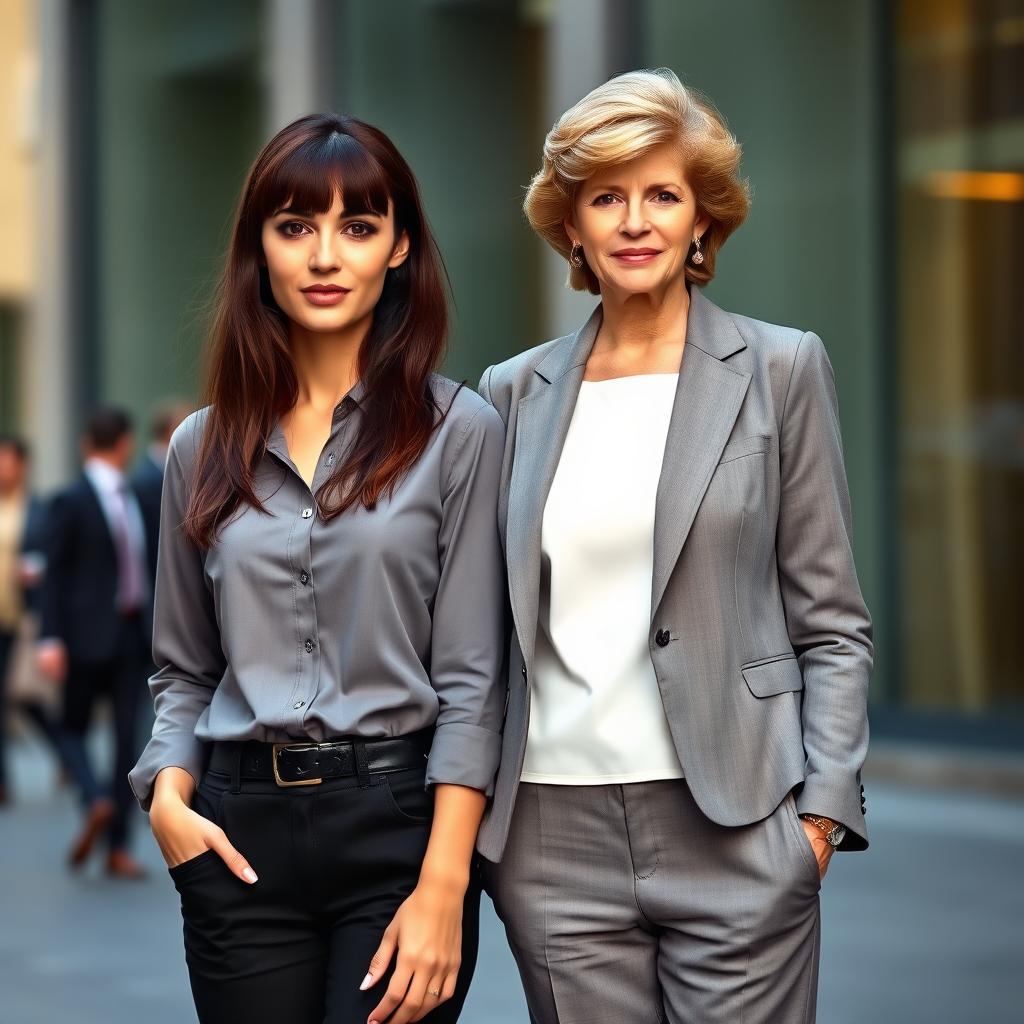 A tall, attractive woman with dark brown hair styled in an up-down fashion and bangs, dressed in a professional shirt and black pants