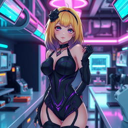 A sexy and cute gothic anime-inspired cyberpunk ripper doc character, striking a cute pose in a gothic futuristic lab
