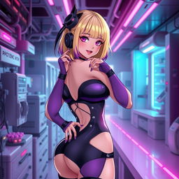 A sexy and cute gothic anime-inspired cyberpunk ripper doc character, striking a cute pose in a gothic futuristic lab