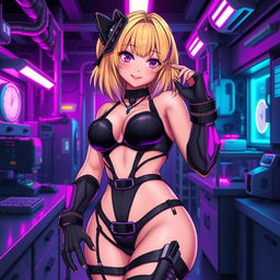 A sexy and cute gothic anime-inspired cyberpunk ripper doc character, striking a cute pose in a gothic futuristic lab