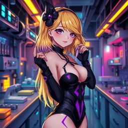 A sexy and cute gothic anime-inspired cyberpunk ripper doc character, striking a cute pose in a gothic futuristic lab