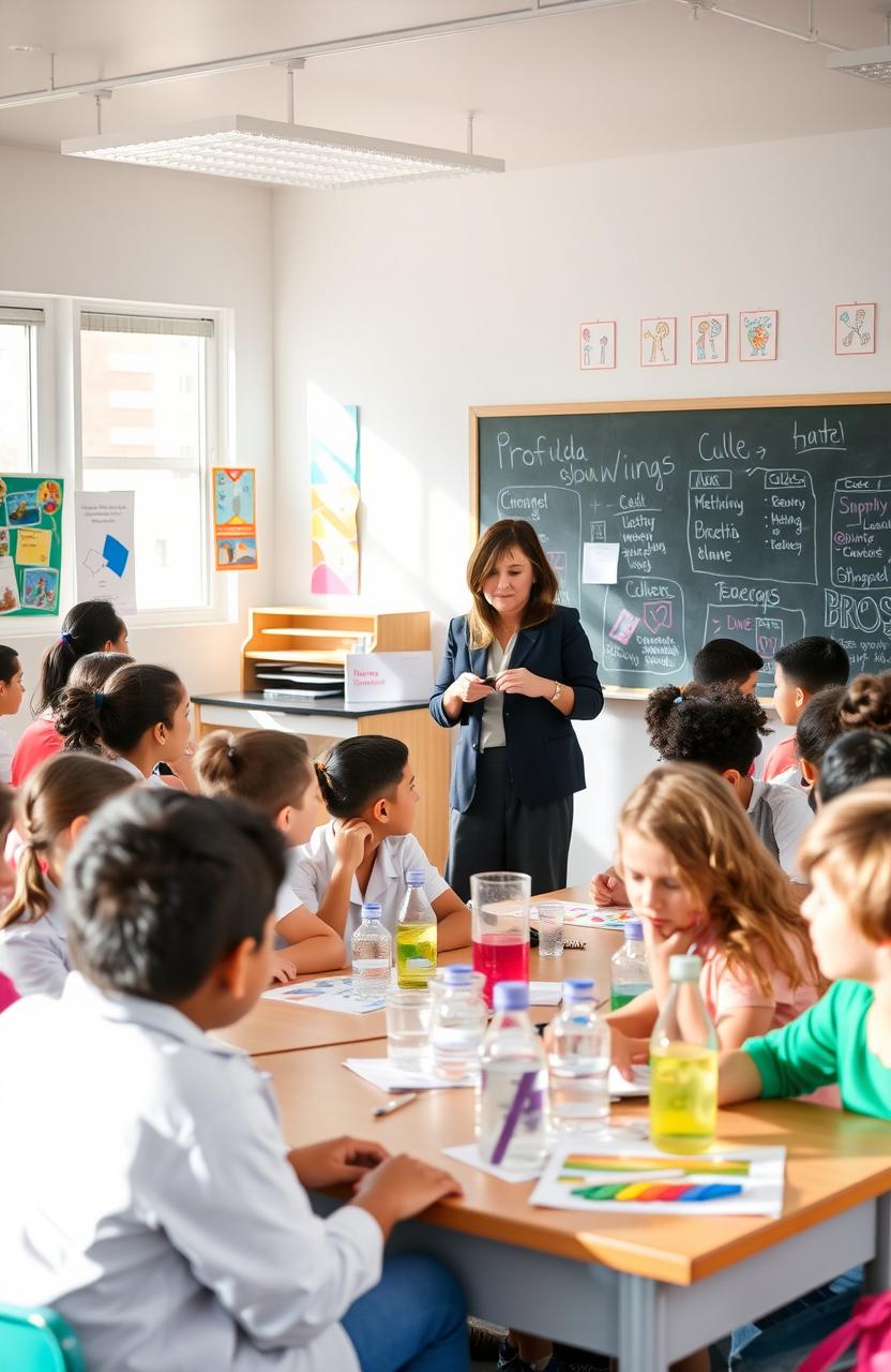 A vibrant and lively school environment, showcasing students engaged in various educational activities in a classroom