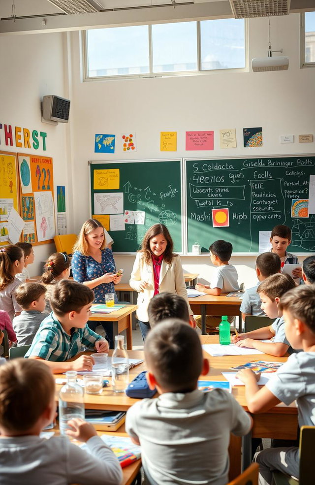 A vibrant and lively school environment, showcasing students engaged in various educational activities in a classroom