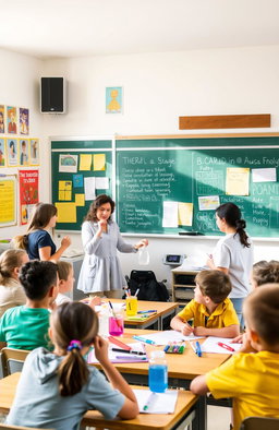 A vibrant and lively school environment, showcasing students engaged in various educational activities in a classroom