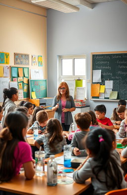 A vibrant and lively school environment, showcasing students engaged in various educational activities in a classroom