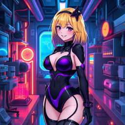 A sexy and cute gothic anime-inspired cyberpunk ripper doc character, posing adorably in a gothic futuristic lab