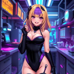 A sexy and cute gothic anime-inspired cyberpunk ripper doc character, posing adorably in a gothic futuristic lab