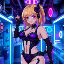 A sexy and cute gothic anime-inspired cyberpunk ripper doc character, posing adorably in a gothic futuristic lab