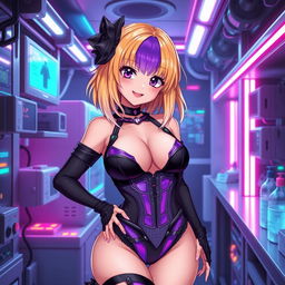 A sexy and cute gothic anime-inspired cyberpunk ripper doc character, posing adorably in a gothic futuristic lab