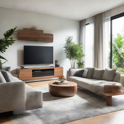 An elegantly arranged modern living room filled with natural light, showcasing comfortable furniture, houseplants, and a sleek flat-screen television on a contemporary stand.