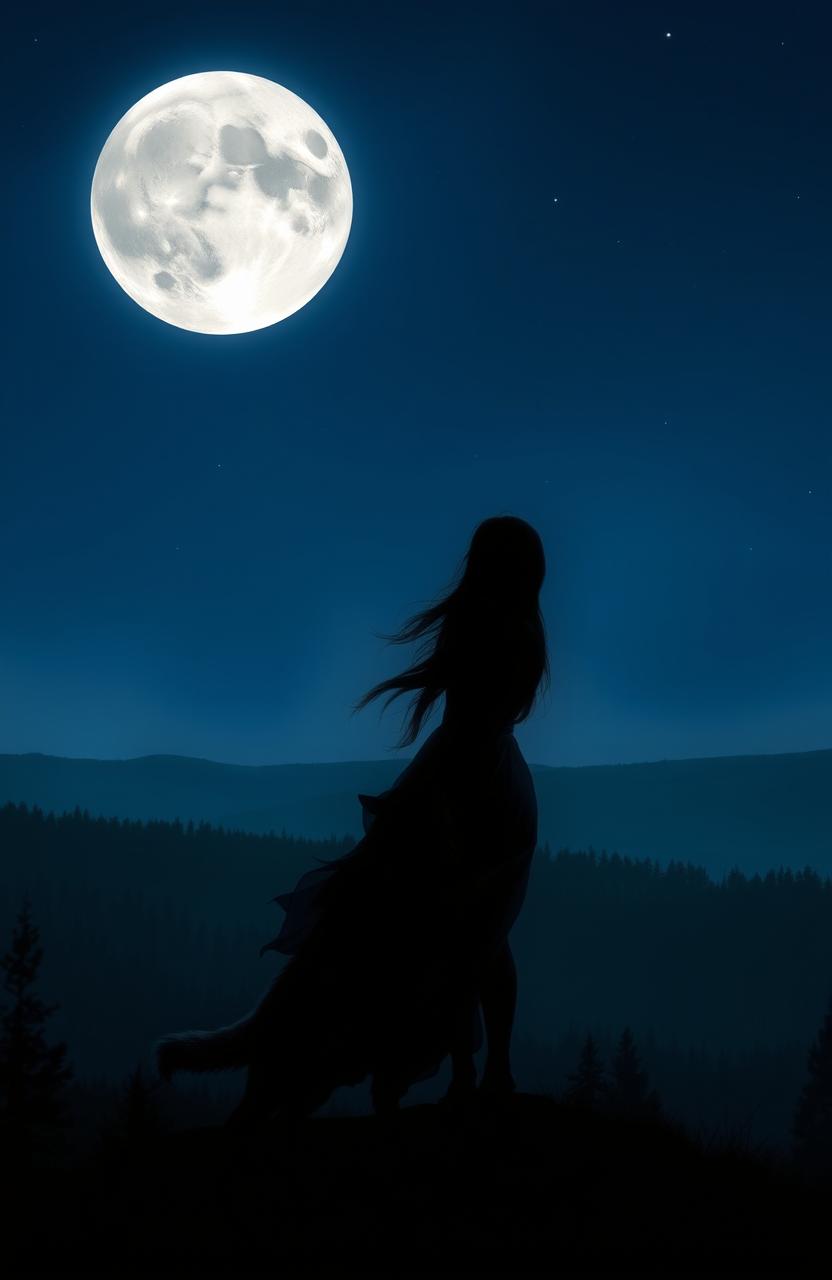 A breathtaking night scene featuring a woman standing on a hilltop, looking up at a full moon in the night sky
