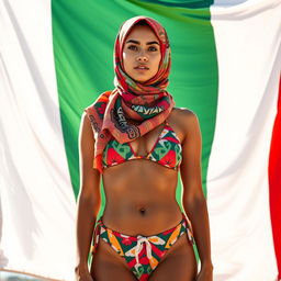 A stylish young woman wearing a colorful hijab and a trendy bikini, standing confidently in front of an expansive Italian flag