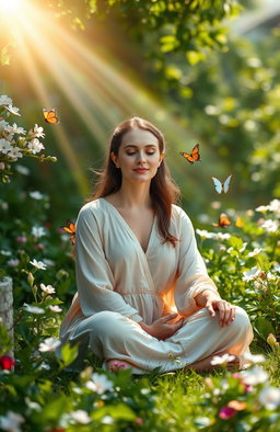 A serene and composed woman with a peaceful expression, sitting cross-legged in a tranquil garden filled with blooming flowers and gentle sunlight streaming down